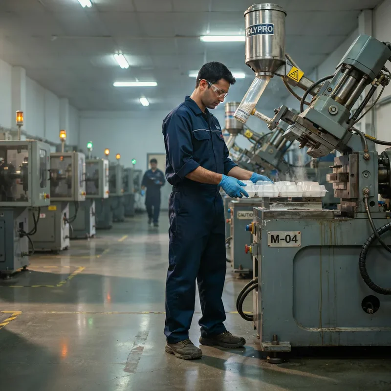Technician removing clear molded PP packaging parts from an injection molding machine