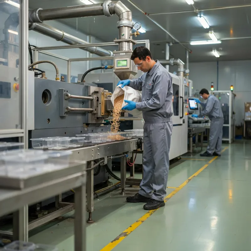 Operador dosificando masterbatch MZT103 en el alimentador de tolva en una línea de moldeo por inyección de PP