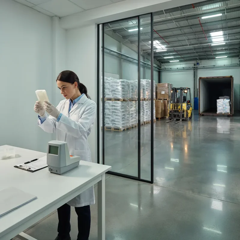 Pruebas de neblina y brillo con documentación COA junto a masterbatch paletizado listo para exportación