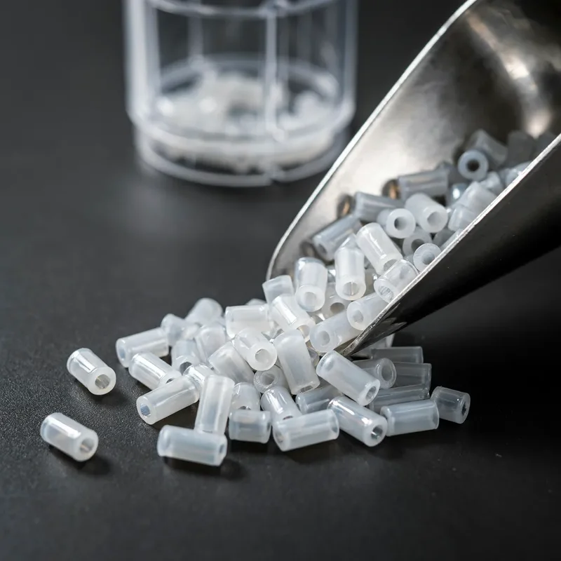 Pellets de masterbatch de transparencia MZT103 mostrados con un contenedor de polipropileno clarificado detrás