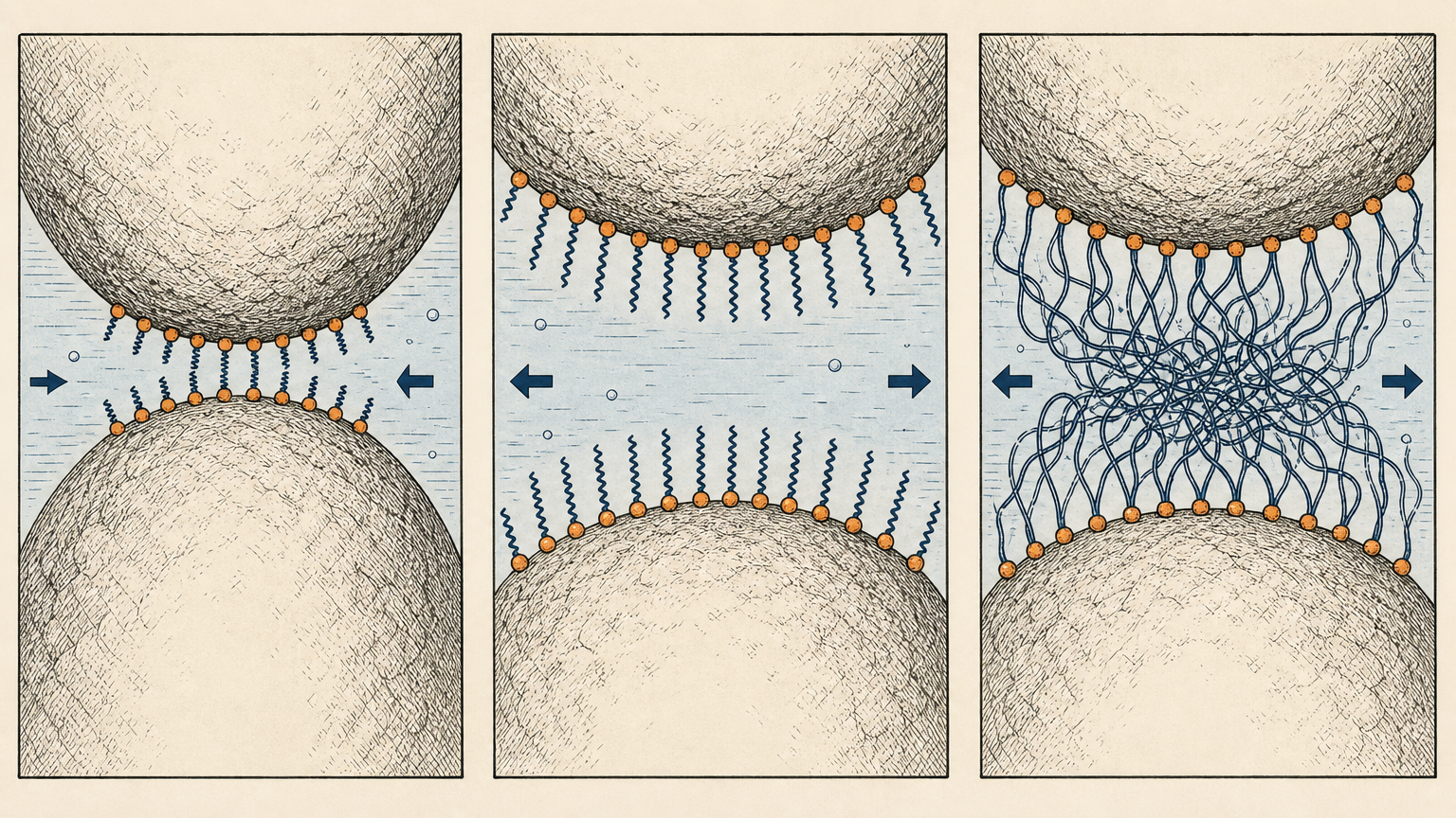 Comparison of short, mid-length and excessively long polyether side chains showing how chain length changes the steric layer around cement particles