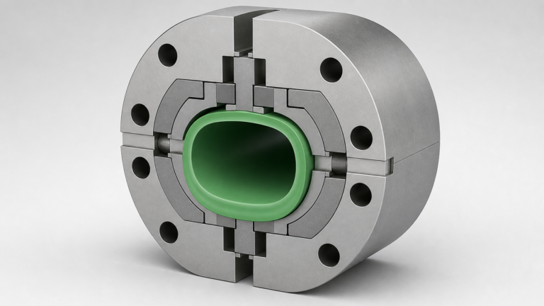 Cross-section of a PP-R pipe inside an extrusion die showing thicker wall at the bottom and thinner wall at the top due to melt sag from low melt strength.