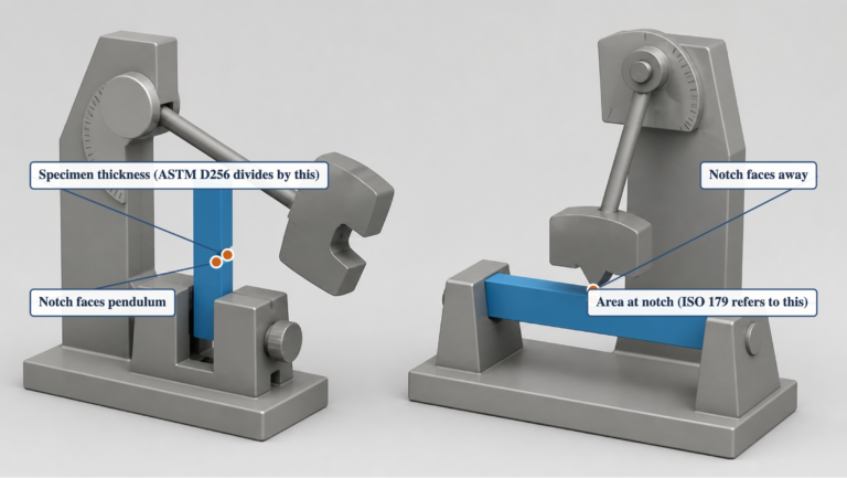 Two pendulum impact test specimens side by side with labels: left, a vertical Izod bar clamped at its base with the V-notch facing the pendulum and a label identifying the specimen thickness that ASTM D256 divides by; right, a horizontal Charpy bar supported at both ends with the V-notch facing away and a label identifying the cross-sectional area at the notch that ISO 179 refers to