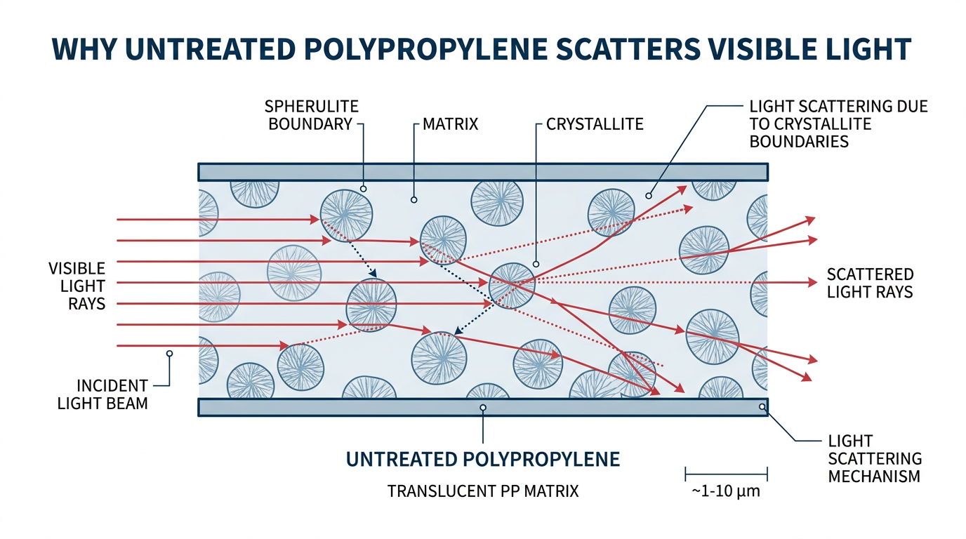 Diagram showing how spherulite crystallites scatter visible light in regular cloudy polypropylene