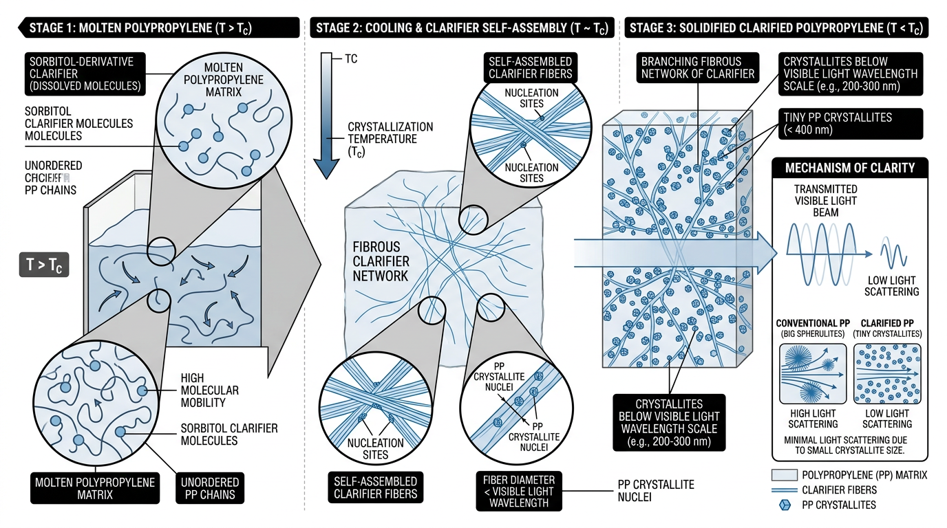 Diagram of clarifier fibrous nucleation network that makes clear polypropylene transparent