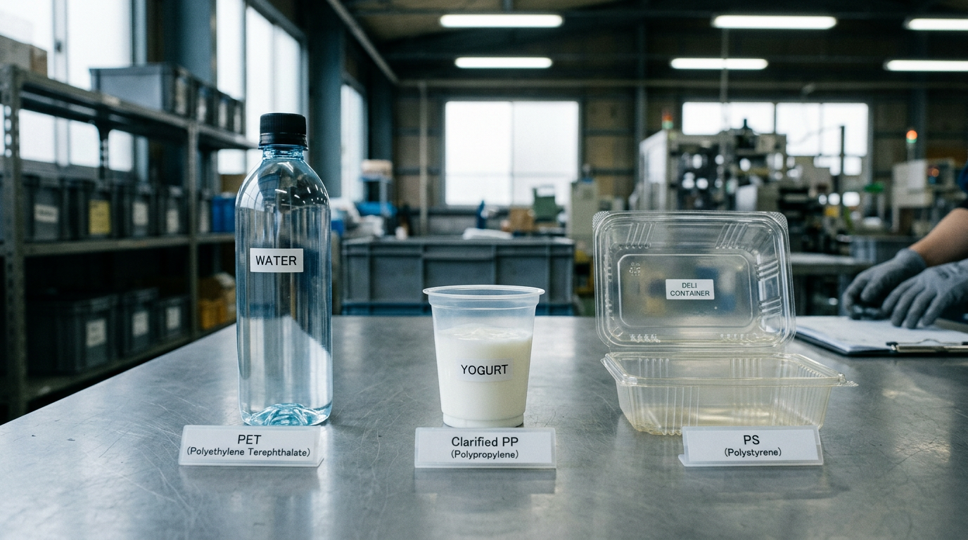 Side-by-side comparison of clear polypropylene container against PET and PS for visual clarity reference