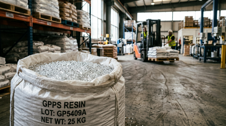 Pellets de resina de poliestireno de uso general GPPS transparente en una bolsa industrial a granel en un almacén de transformación