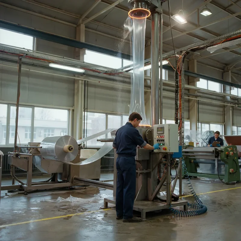 Operador supervisando una línea de extrusión de film soplado que procesa film de PE transparente
