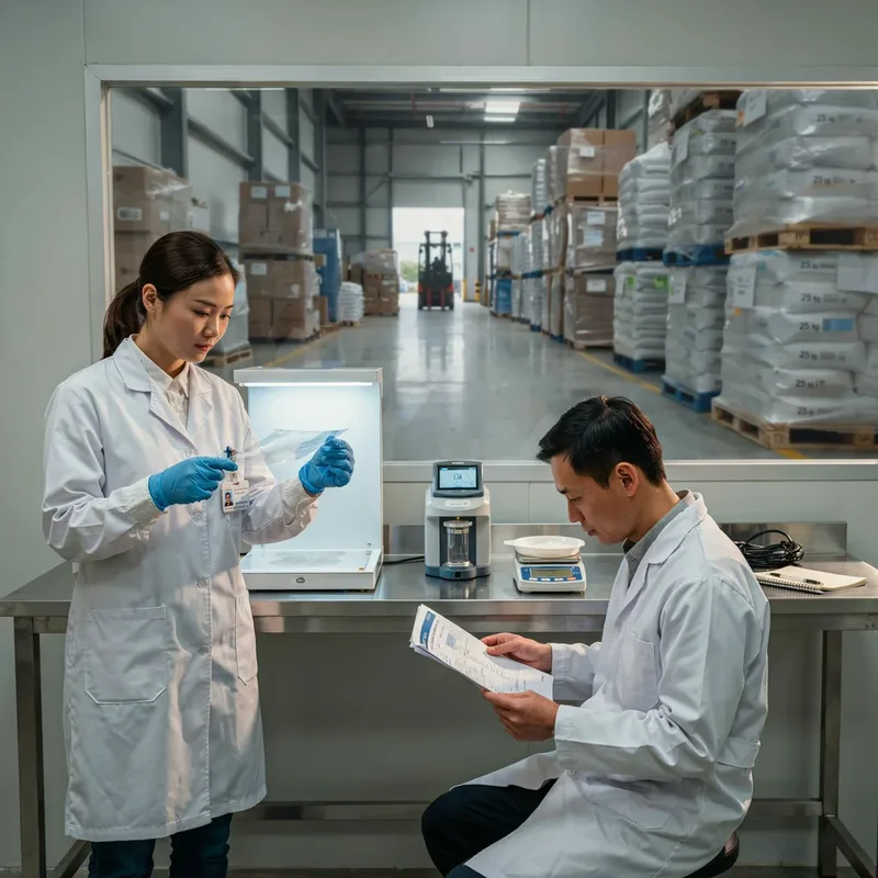 Técnico de laboratorio de control de calidad verificando el COA del lote e inspeccionando el film en busca de geles