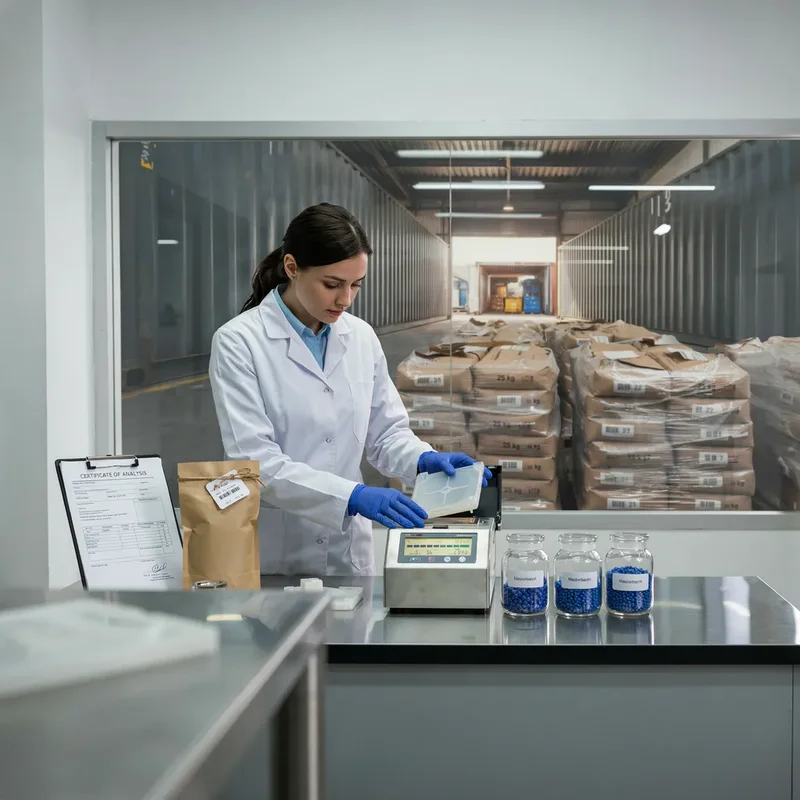 Pruebas de turbidez y transmitancia con documentación COA junto a sacos de masterbatch paletizados preparados para exportación