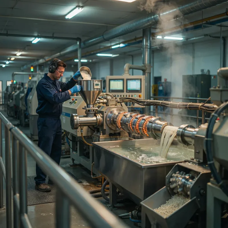 Técnico dosificando agente nucleante en un alimentador gravimétrico en una línea de compoundación por extrusión de polipropileno