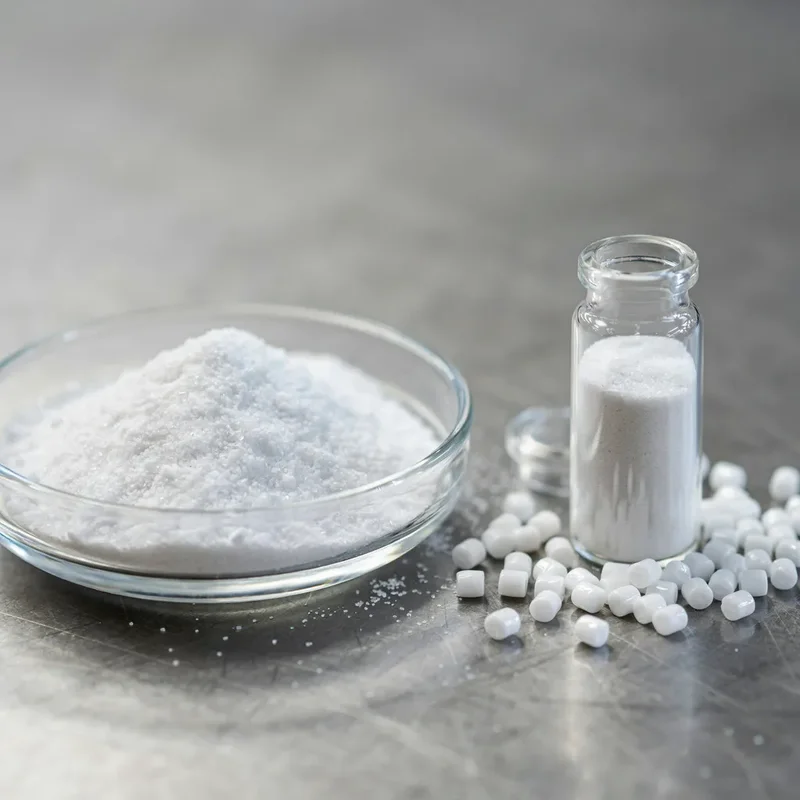 Agente nucleante NA-4A en polvo fino blanco mostrado con gránulos de polipropileno en material de laboratorio de vidrio
