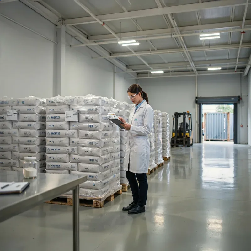 Palés de NA-4A trazables por lote inspeccionados contra la documentación COA en un almacén listo para exportación.