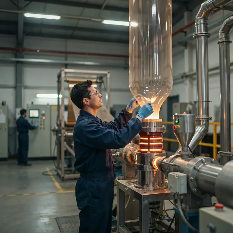 Técnico inspecciona la calidad de la película soplada en una línea de extrusión de polietileno que opera con masterbatch PPA
