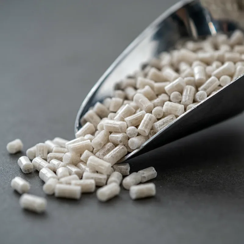 Pellets de masterbatch PPA PPAM-PE7003 en una cuchara de acero inoxidable bajo iluminación de estudio
