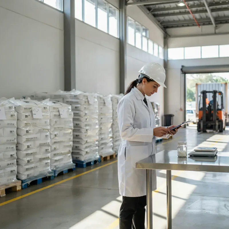 Control de calidad en almacén de sacos de masterbatch paletizados con documentación COA trazable por lote