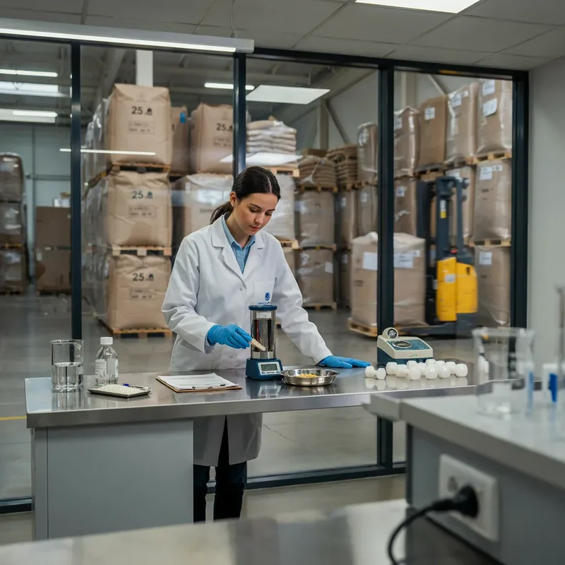 Pruebas COA por lote en el laboratorio de control de calidad junto a sacos de polímero paletizados en el almacén