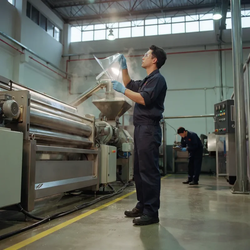 Técnico inspeccionando lámina de PP transparente en una línea de extrusión de doble husillo